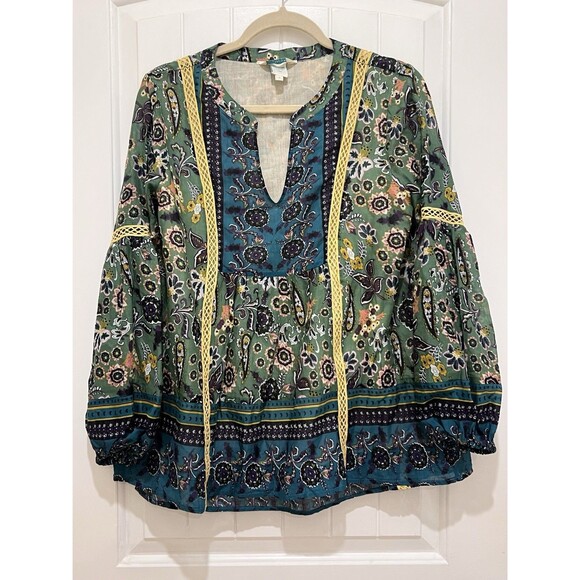Sundance Women’s Sz S Blue Floral Pullover Tunic Resort Boho Puff Sleeves NEW d - Picture 1 of 11